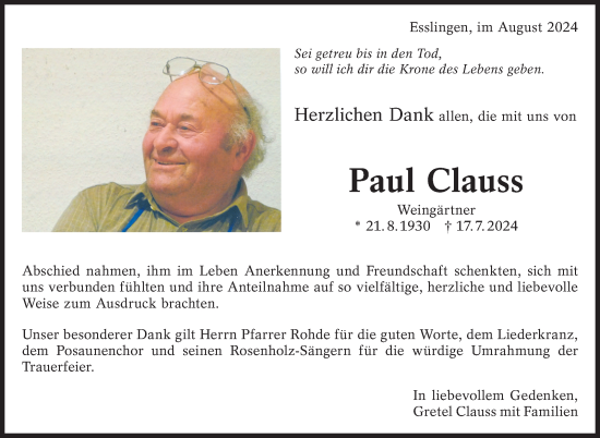 Traueranzeige von Paul Clauss von Eßlinger Zeitung/Cannstatter Zeitung