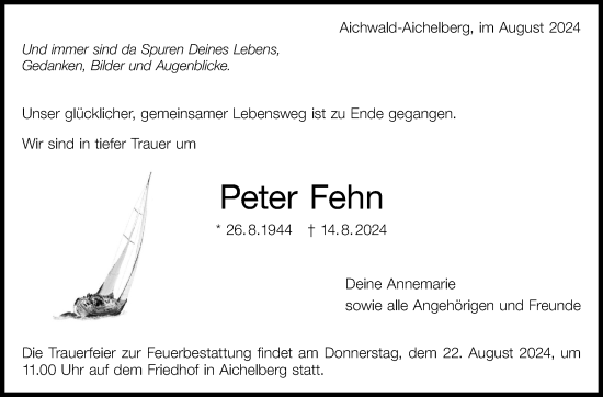 Traueranzeige von Peter Fehn von Eßlinger Zeitung/Cannstatter Zeitung