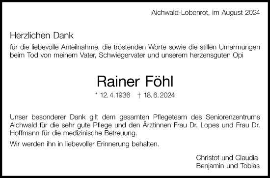 Traueranzeige von Rainer Föhl von Eßlinger Zeitung/Cannstatter Zeitung