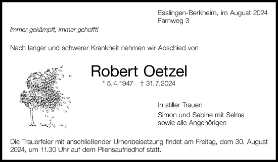 Traueranzeige von Robert Oetzel von Eßlinger Zeitung/Cannstatter Zeitung