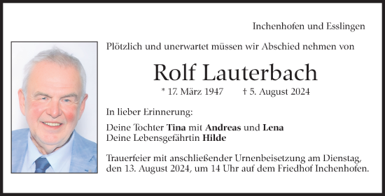 Traueranzeige von Rolf Lauterbach von Eßlinger Zeitung/Cannstatter Zeitung