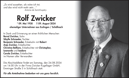 Traueranzeige von Rolf Zwicker von Eßlinger Zeitung/Cannstatter Zeitung