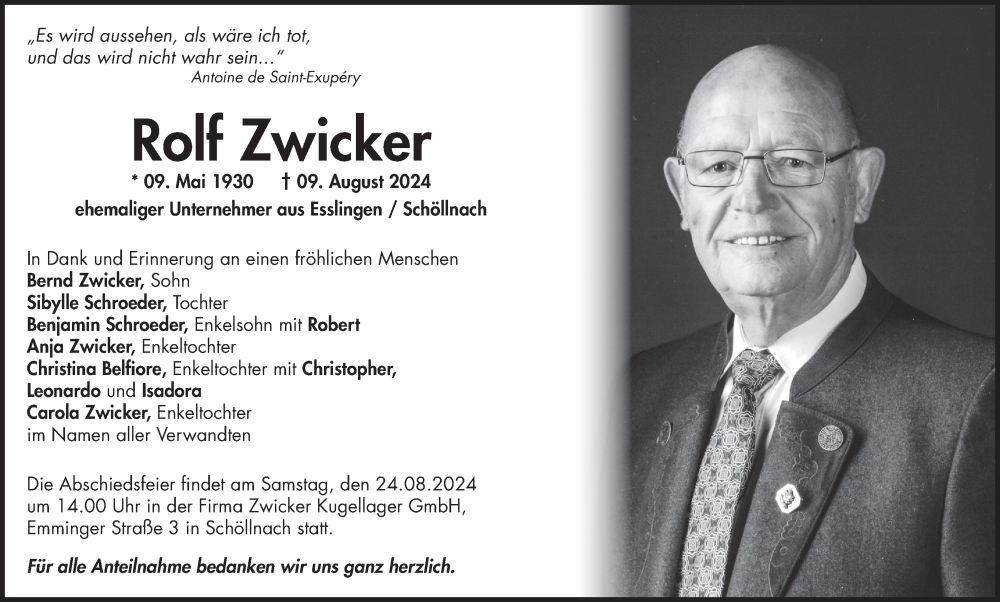  Traueranzeige für Rolf Zwicker vom 22.08.2024 aus Eßlinger Zeitung/Cannstatter Zeitung