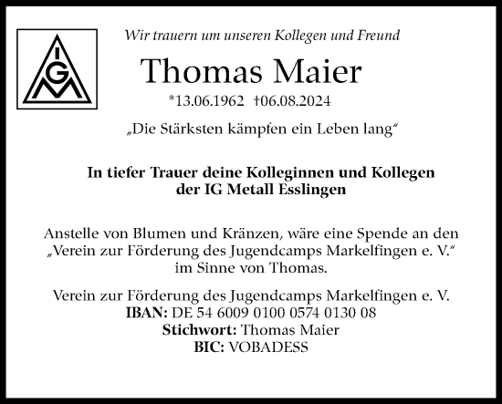 Traueranzeige von Thomas Maier von Eßlinger Zeitung/Cannstatter Zeitung