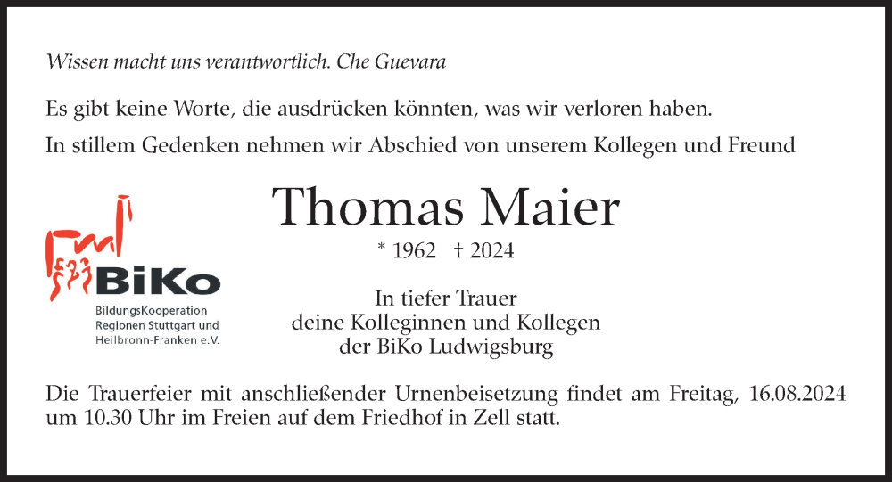  Traueranzeige für Thomas Maier vom 15.08.2024 aus Eßlinger Zeitung/Cannstatter Zeitung