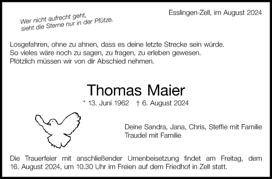 Traueranzeige von Thomas Maier von Eßlinger Zeitung/Cannstatter Zeitung
