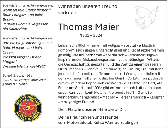 Traueranzeige von Thomas Maier von Eßlinger Zeitung/Cannstatter Zeitung