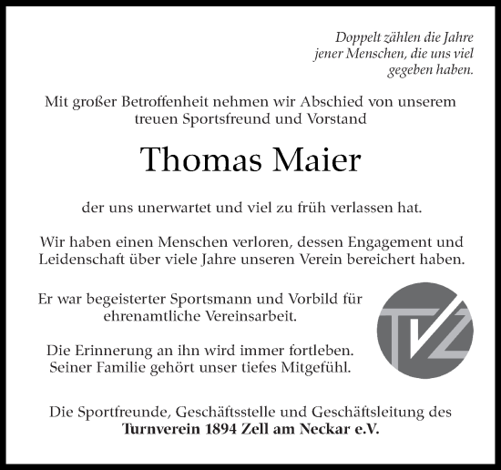Traueranzeige von Thomas Maier von Eßlinger Zeitung/Cannstatter Zeitung