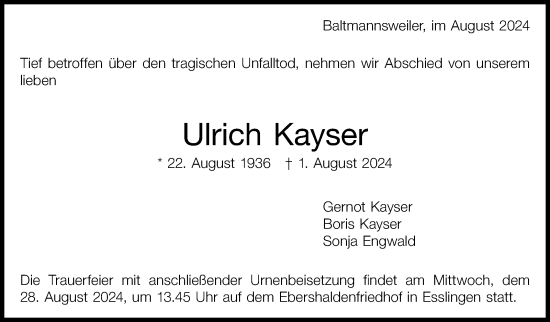 Traueranzeige von Ulrich Kayser von Eßlinger Zeitung/Cannstatter Zeitung