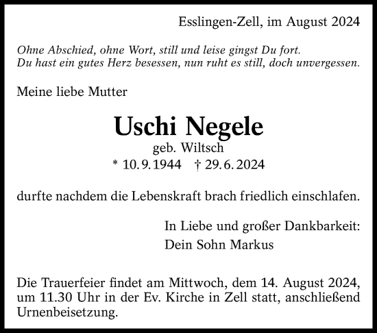 Traueranzeige von Uschi Negele von Eßlinger Zeitung/Cannstatter Zeitung