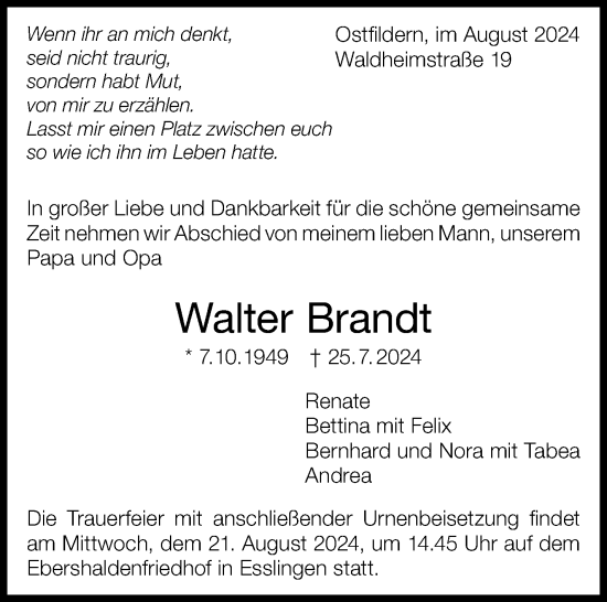 Traueranzeige von Walter Brandt von Eßlinger Zeitung/Cannstatter Zeitung