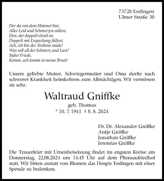 Traueranzeige von Waltraud Gniffke von Eßlinger Zeitung/Cannstatter Zeitung