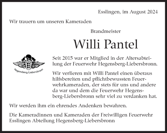 Traueranzeige von Willi Pantel von Eßlinger Zeitung/Cannstatter Zeitung