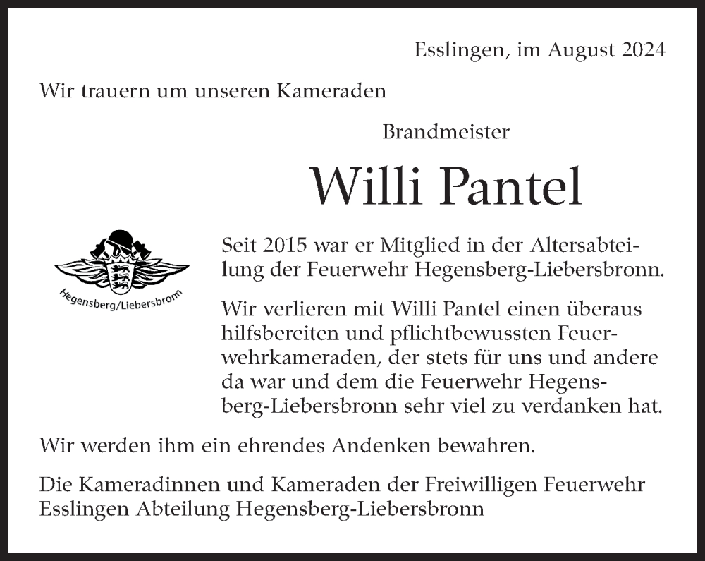  Traueranzeige für Willi Pantel vom 10.08.2024 aus Eßlinger Zeitung/Cannstatter Zeitung