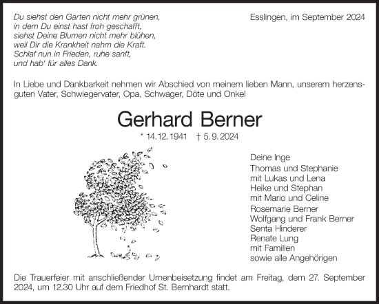 Traueranzeige von Gerhard Berner von Eßlinger Zeitung/Cannstatter Zeitung