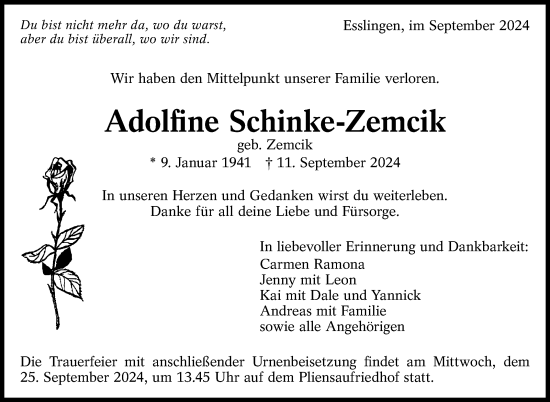 Traueranzeige von Adolfine Schinke-Zemcik von Eßlinger Zeitung/Cannstatter Zeitung