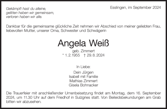 Traueranzeige von Angela Weiß von Eßlinger Zeitung/Cannstatter Zeitung