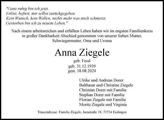 Traueranzeige von Anna Ziegele von Eßlinger Zeitung/Cannstatter Zeitung