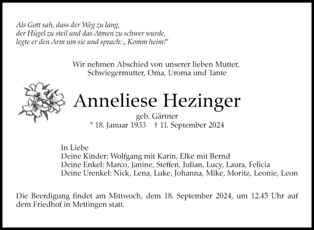 Traueranzeige für Anneliese Hezinger vom 16.09.2024 aus Eßlinger Zeitung/Cannstatter Zeitung