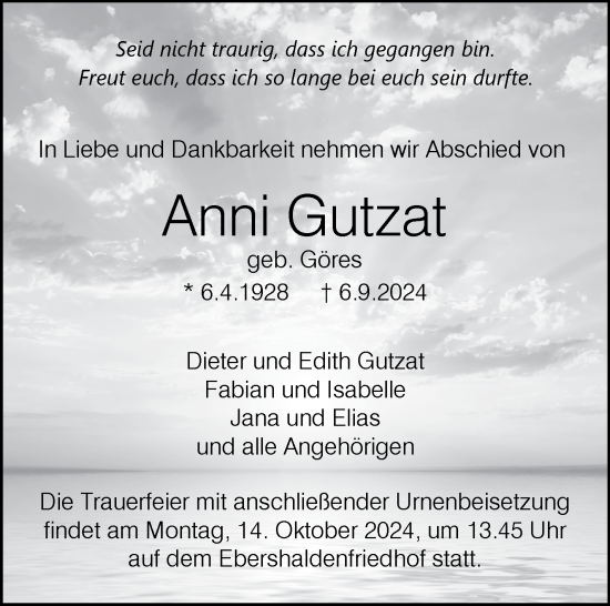 Traueranzeige von Anni Gutzat von Eßlinger Zeitung/Cannstatter Zeitung
