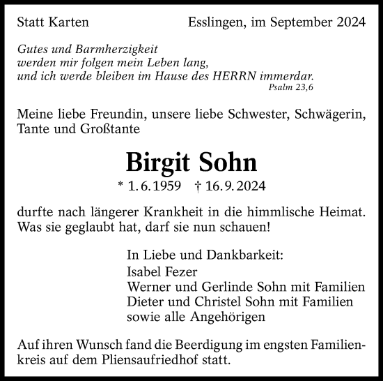 Traueranzeige von Birgit Sohn von Eßlinger Zeitung/Cannstatter Zeitung