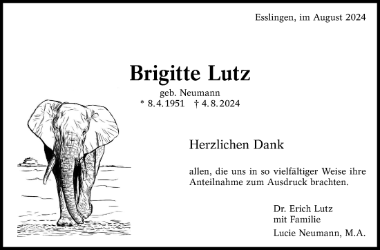 Traueranzeige von Brigitte Lutz von Eßlinger Zeitung/Cannstatter Zeitung