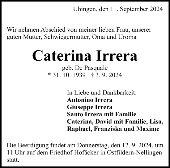 Traueranzeige von Caterina Irrera von Eßlinger Zeitung/Cannstatter Zeitung