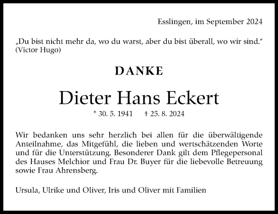 Traueranzeige von Dieter Hans Eckert von Eßlinger Zeitung/Cannstatter Zeitung