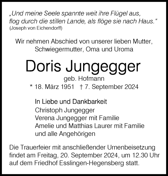 Traueranzeige von Doris Jungegger von Eßlinger Zeitung/Cannstatter Zeitung