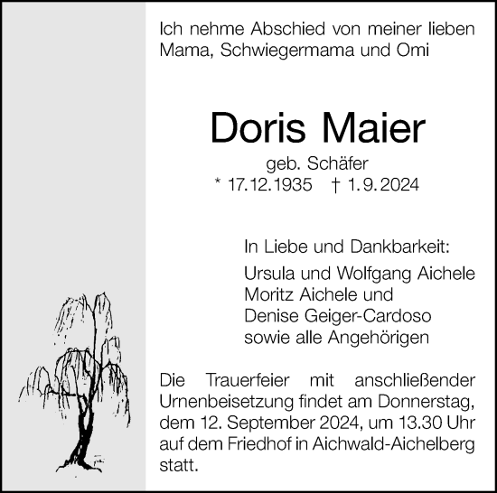 Traueranzeige von Doris Maier von Eßlinger Zeitung/Cannstatter Zeitung