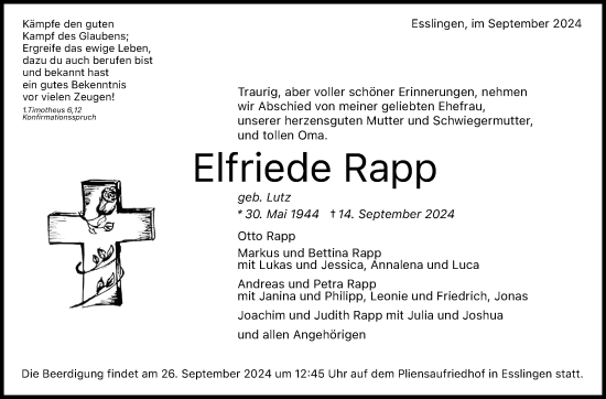 Traueranzeige von Elfriede Rapp von Eßlinger Zeitung/Cannstatter Zeitung