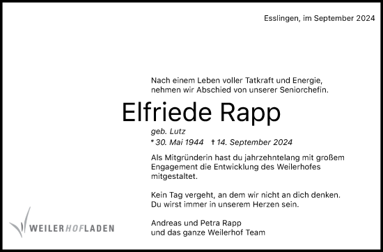 Traueranzeige von Elfriede Rapp von Eßlinger Zeitung/Cannstatter Zeitung