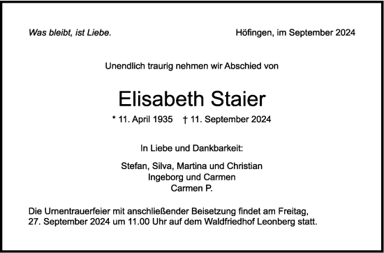 Traueranzeige von Elisabeth Staier von Eßlinger Zeitung/Cannstatter Zeitung