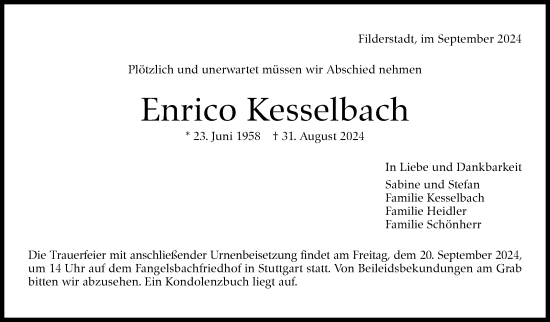 Traueranzeige von Enrico Kesselbach von Eßlinger Zeitung/Cannstatter Zeitung