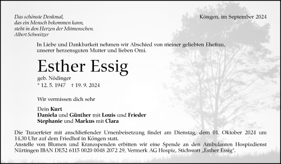 Traueranzeige von Esther Essig von Eßlinger Zeitung/Cannstatter Zeitung