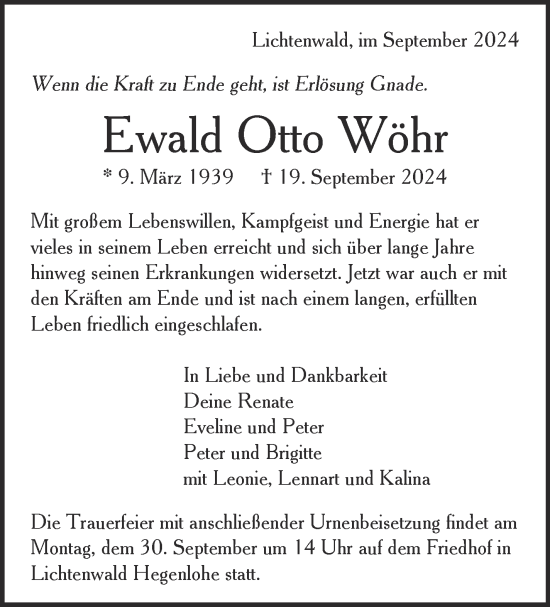 Traueranzeige von Ewald Otto Wöhr von Eßlinger Zeitung/Cannstatter Zeitung