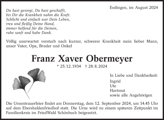 Traueranzeige von Franz Xaver Obermeyer von Eßlinger Zeitung/Cannstatter Zeitung