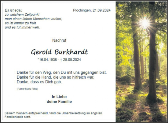 Traueranzeige von Gerold Burkhardt von Eßlinger Zeitung/Cannstatter Zeitung