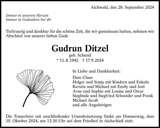 Traueranzeige von Gudrun Ditzel von Eßlinger Zeitung/Cannstatter Zeitung