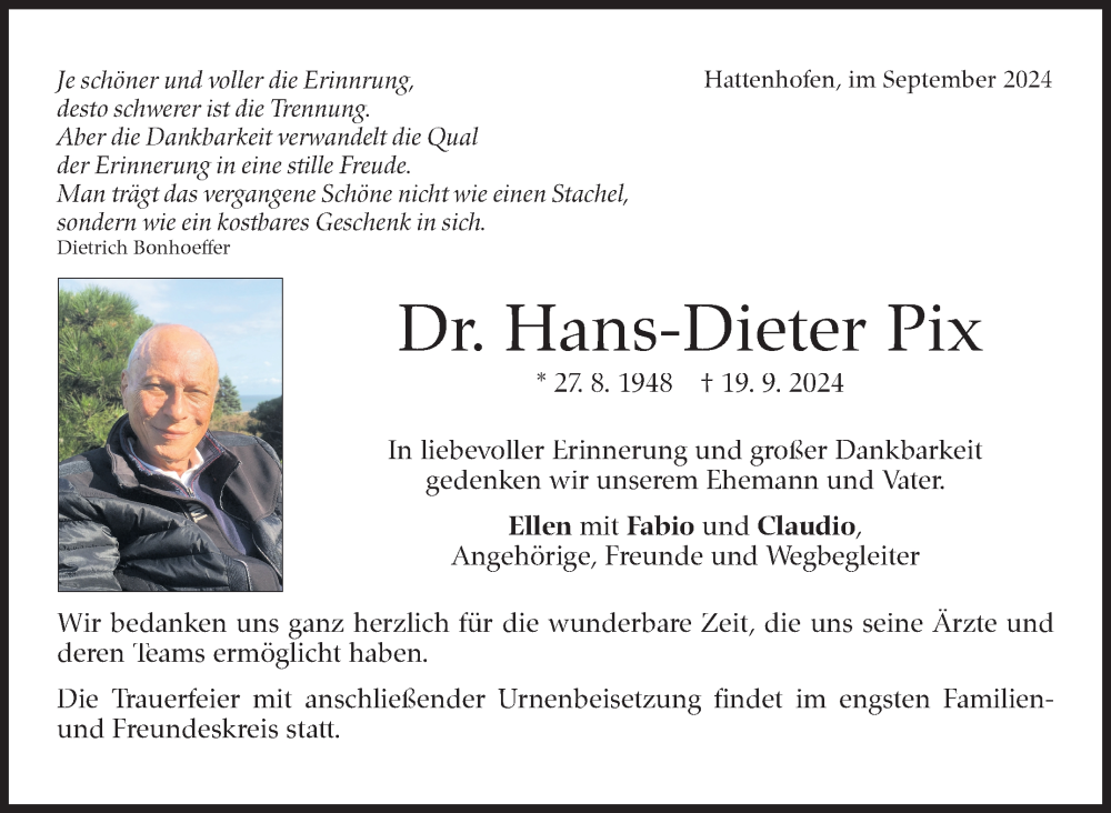  Traueranzeige für Hans-Dieter Pix vom 28.09.2024 aus Eßlinger Zeitung/Cannstatter Zeitung