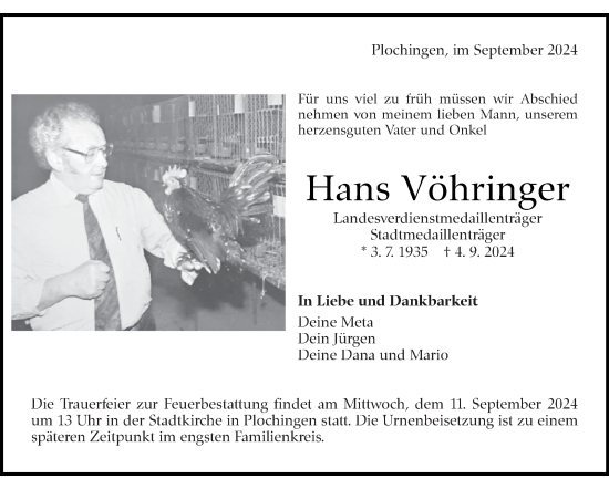 Traueranzeige von Hans Vöhringer von Eßlinger Zeitung/Cannstatter Zeitung