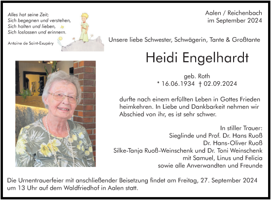 Traueranzeige von Heidi Engelhardt von Eßlinger Zeitung/Cannstatter Zeitung