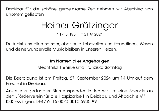 Traueranzeige von Heiner Grötzinger von Eßlinger Zeitung/Cannstatter Zeitung