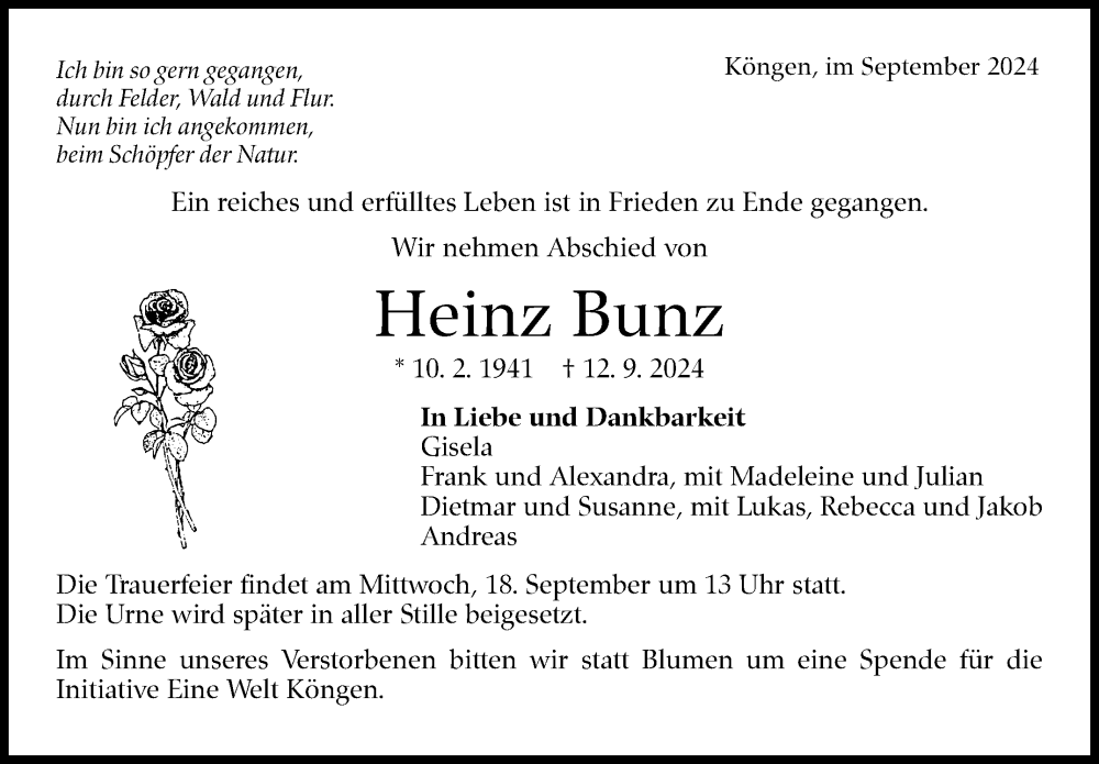  Traueranzeige für Heinz Bunz vom 16.09.2024 aus Eßlinger Zeitung/Cannstatter Zeitung