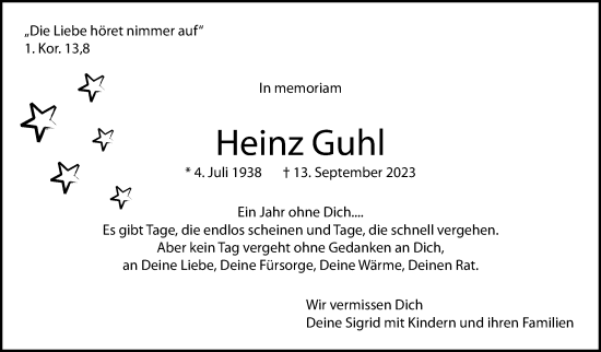 Traueranzeige von Heinz Guhl von Eßlinger Zeitung/Cannstatter Zeitung