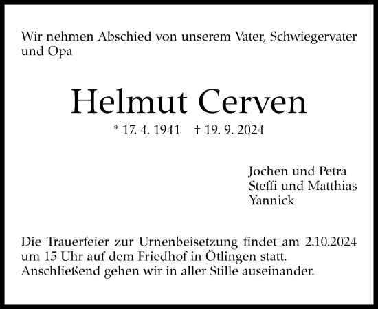Traueranzeige von Helmut Cerven von Eßlinger Zeitung/Cannstatter Zeitung