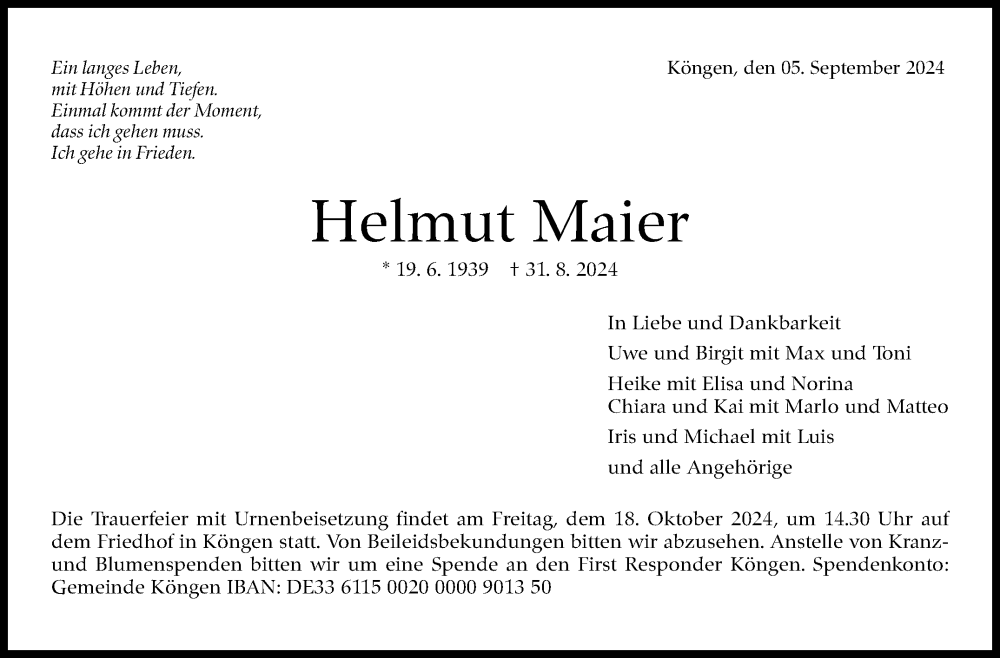  Traueranzeige für Helmut Maier vom 05.09.2024 aus Eßlinger Zeitung/Cannstatter Zeitung