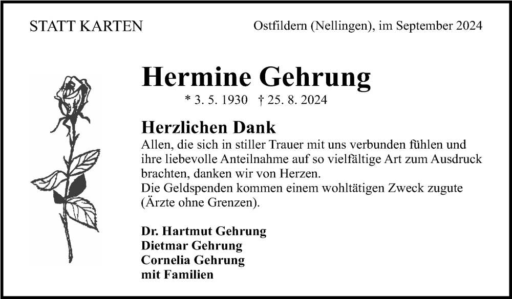  Traueranzeige für Hermine Gehrung vom 12.09.2024 aus Eßlinger Zeitung/Cannstatter Zeitung