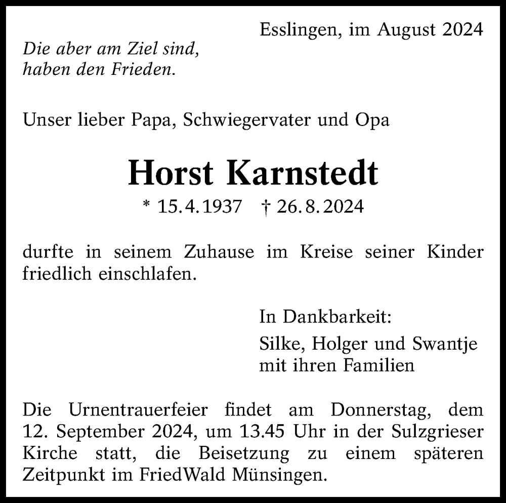  Traueranzeige für Horst Karnstedt vom 31.08.2024 aus Eßlinger Zeitung/Cannstatter Zeitung