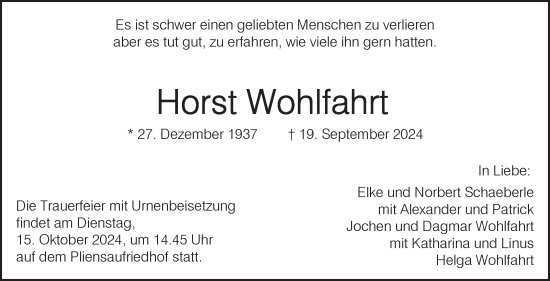 Traueranzeige von Horst Wohlfahrt von Eßlinger Zeitung/Cannstatter Zeitung
